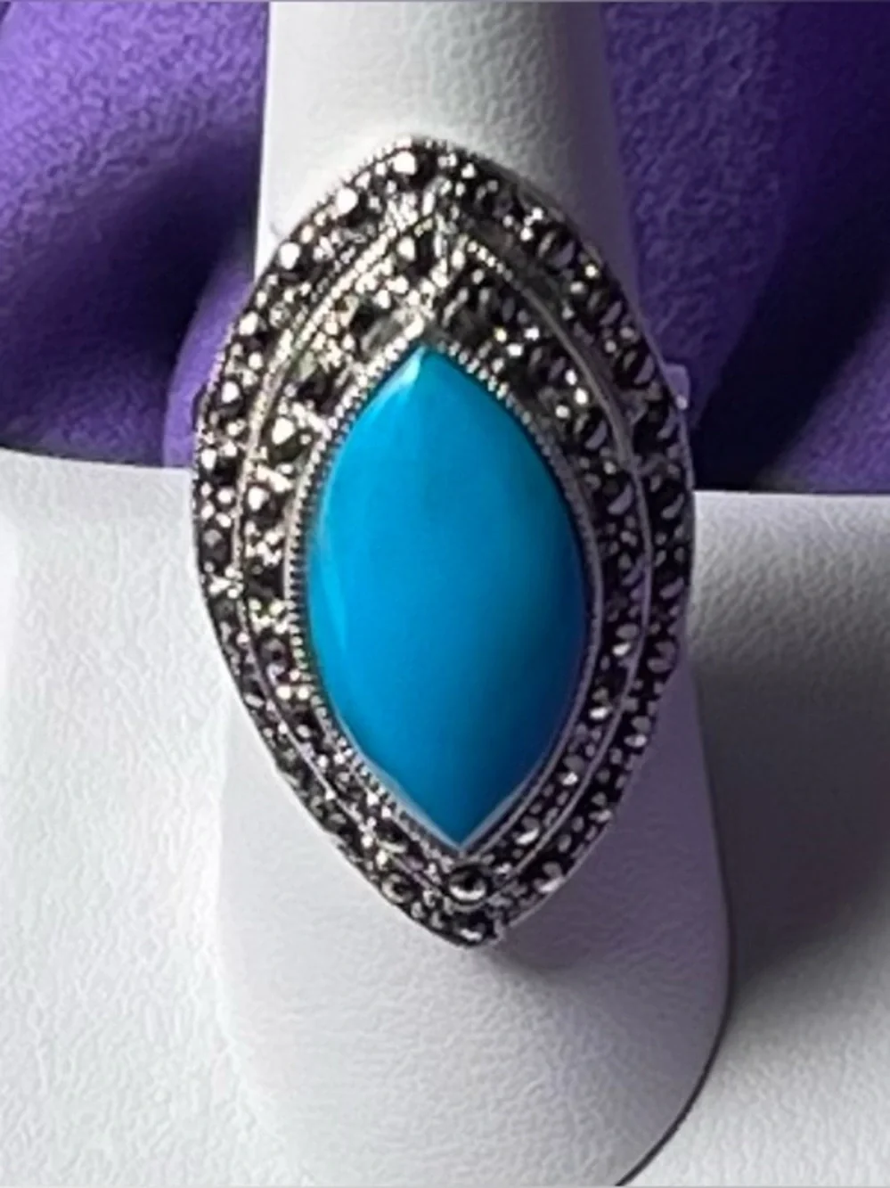 Vtg .925 SS Turquoise Marcacite Very Large Statement Cocktail ring sz 7.5 /10.2g